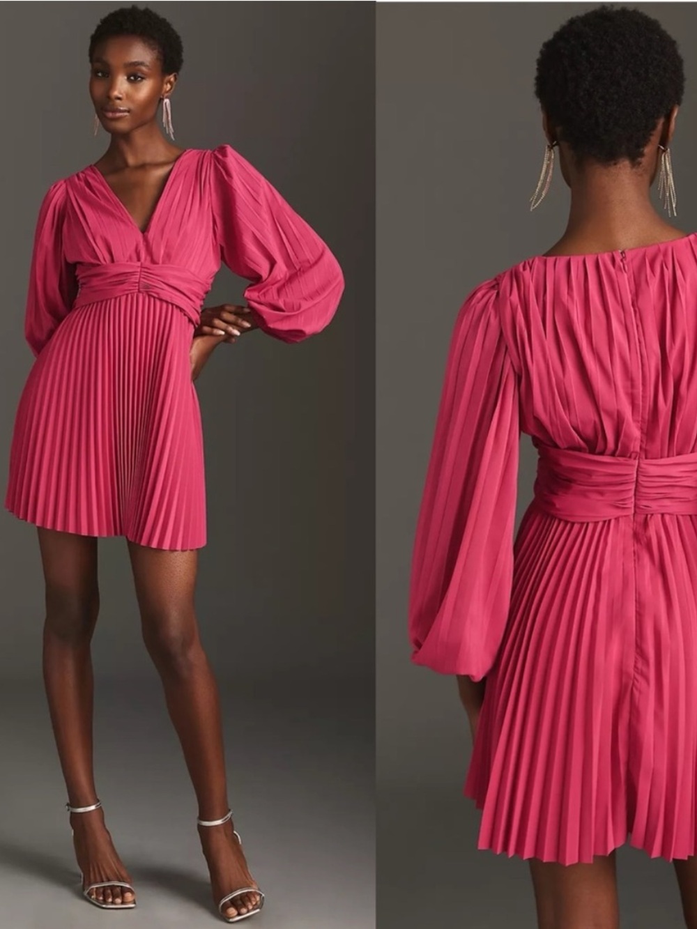 Aureta x Anthropologie Pink Long Sleeve Pleated Mini Dress size Large